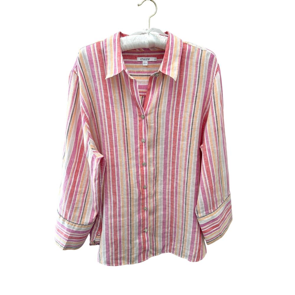 CHICO’S 100% Linen Pink Multicolor Striped Button Down Shirt | Size 3 (US 16)